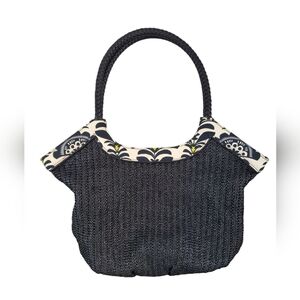 Vera Bradley Fanfare Black White Wicker Braided Handles Straw Bucket Hobo Bag